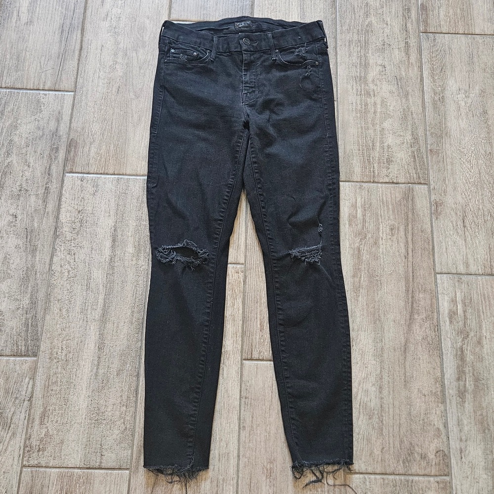 Mother The Looker Ankle Fray Jeans Size 28 Black Distressed Raw Hem Mid Rise